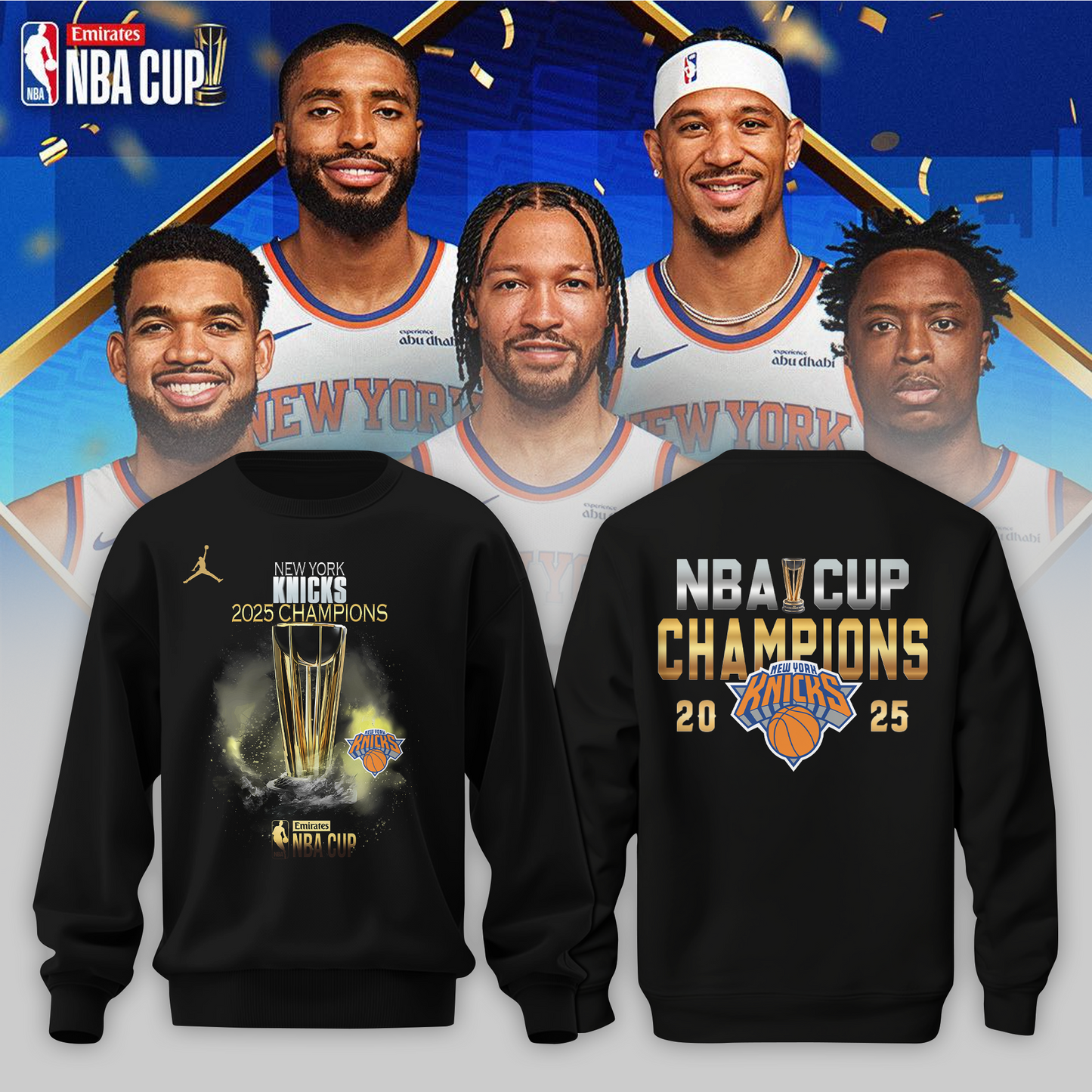 New York Knicks 2025 Emirates Cup Champions Sweatshirt - Black 2-Side