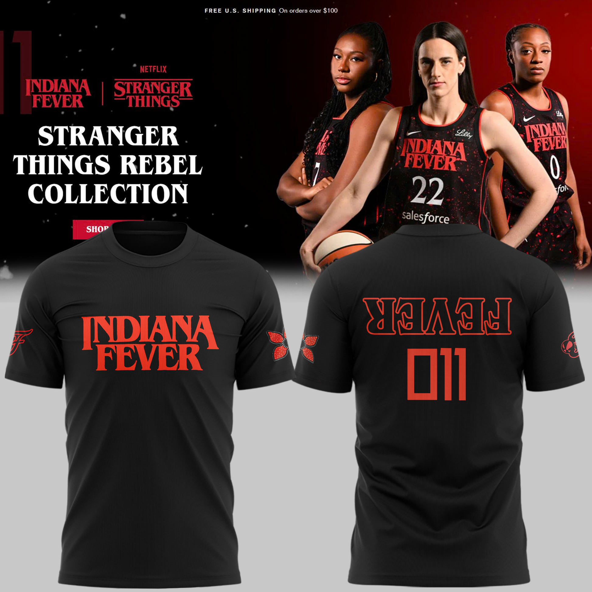 Indiana Fever Stranger Things Rebel Swingman Limited Edition Black  T-Shirt