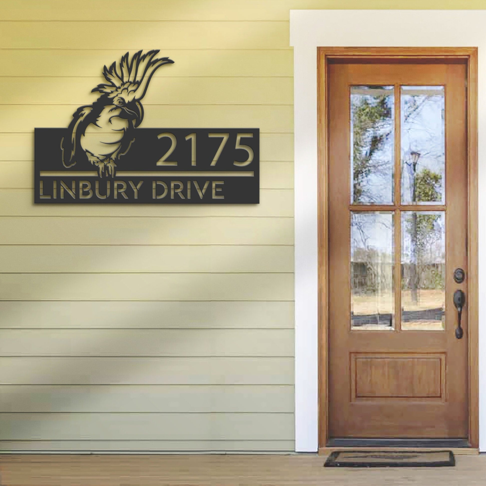 Personalized Peeking Parrot Corella Metal Address Sign With LED lights House number Hanging Address Plaque Yard Sign Outdoor Garden Stake