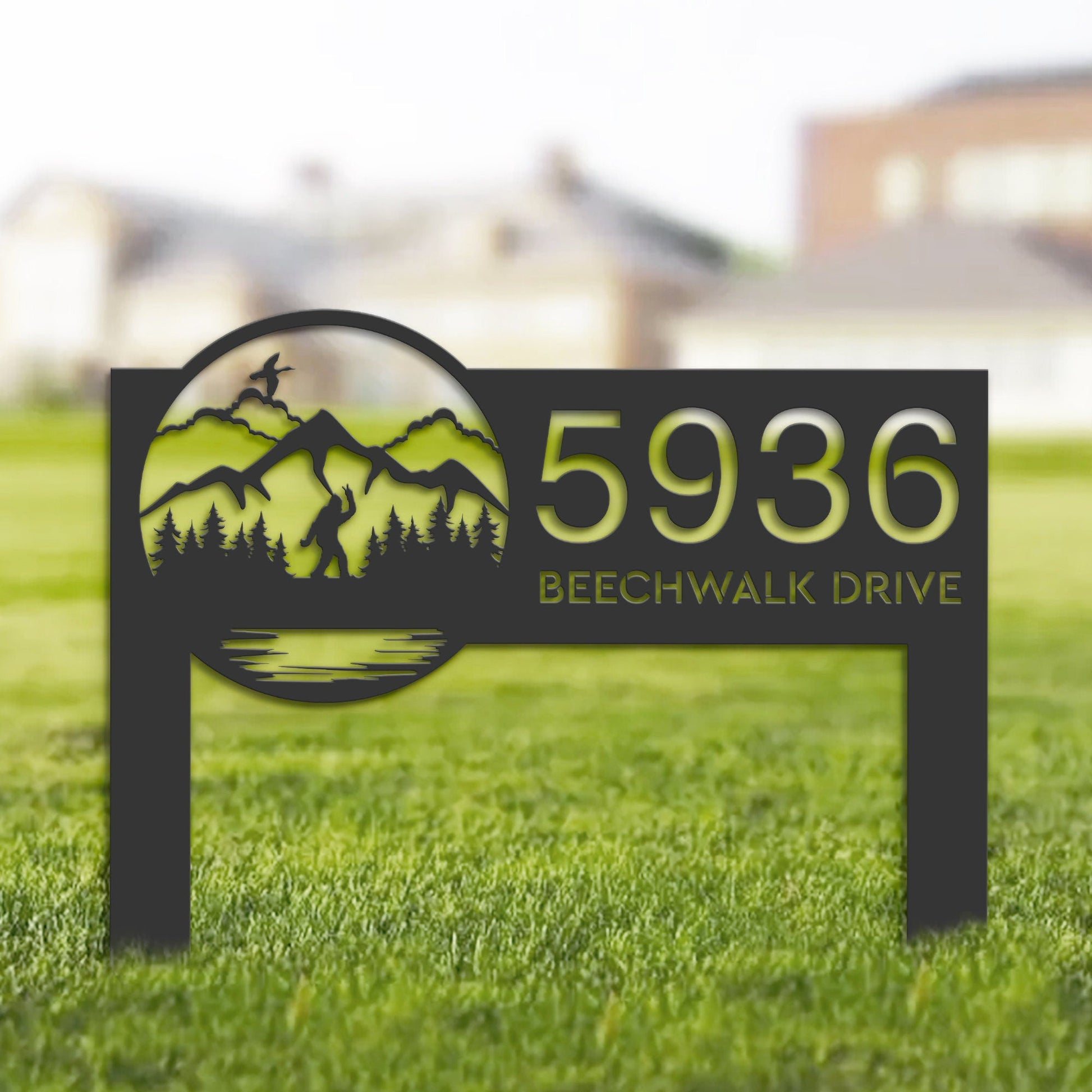 Personalized Bigfoot Sasquatch wild life forest Metal Address Sign House number Hanging Address Plaque Yard Sign Outdoor Sign Garden Stake