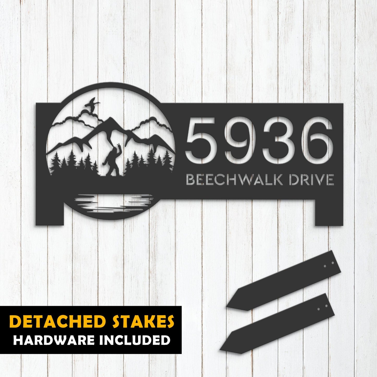 Personalized Bigfoot Sasquatch wild life forest Metal Address Sign House number Hanging Address Plaque Yard Sign Outdoor Sign Garden Stake