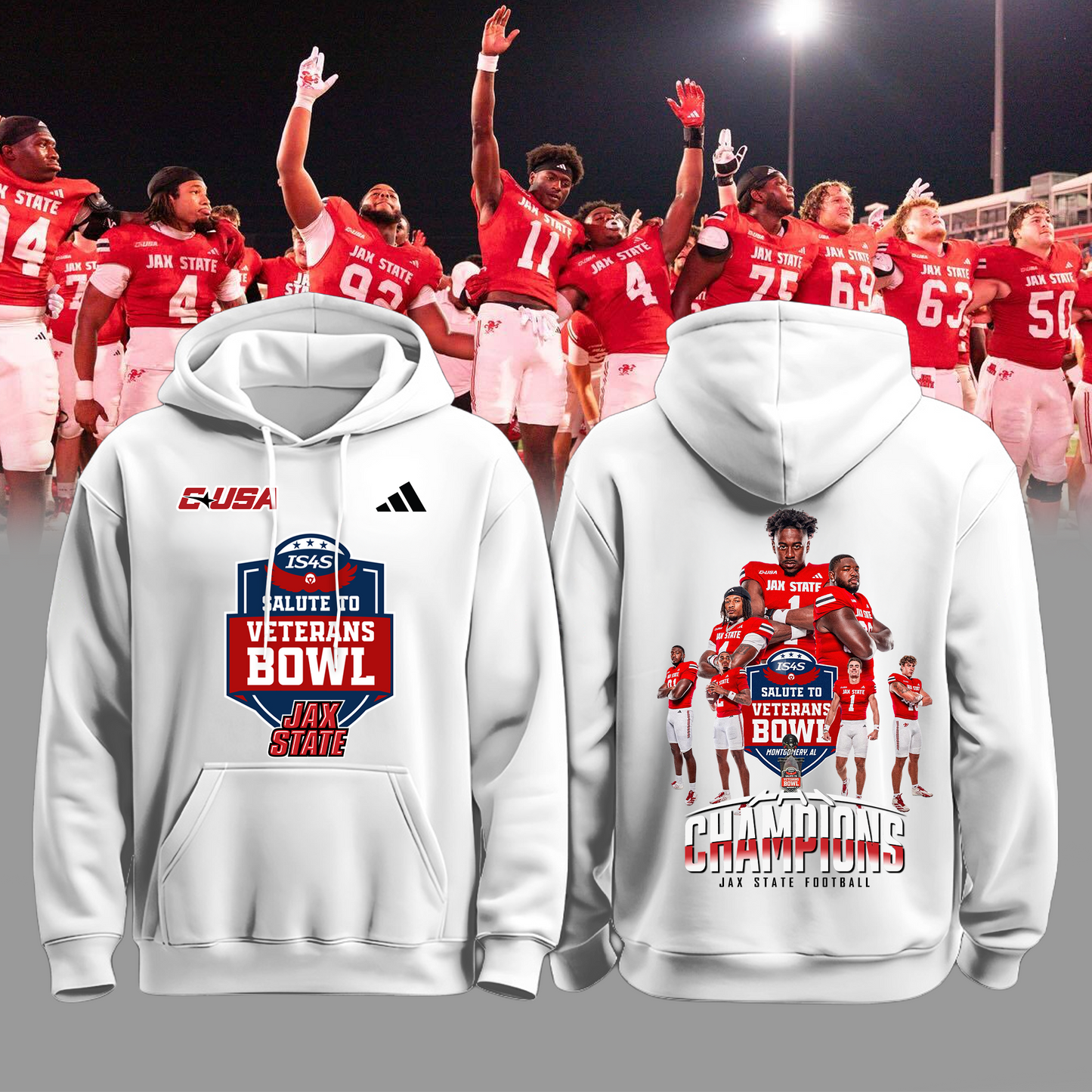 Jax State Football White Hoodie - The Champ Veterans Bowl 2025 - 2-Side Printed - Design By Tyche Joy