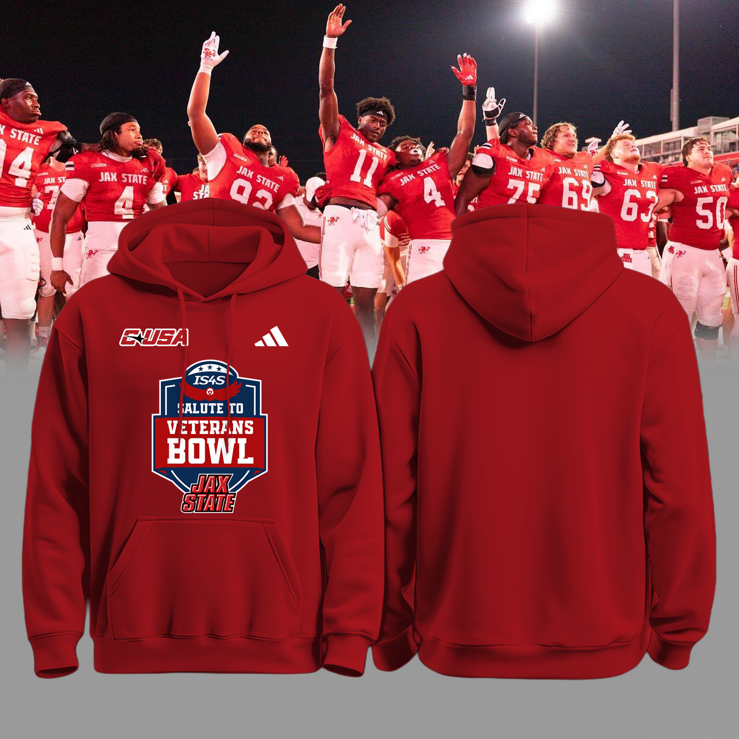 Jax State Football Red Hoodie - The Champ Veterans Bowl 2025 - Design By Tyche Joy