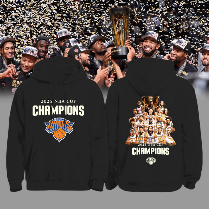New York Knicks 2025 Emirates Cup Champions Hoodie All-Team - Black 2-Side - Design By Tyche Joy