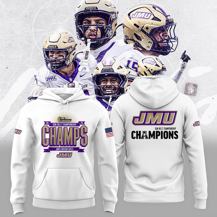 JMU Football Sun Belt Championship White Hoodie - James Madison Football Champions Hoodie - We are Sun Belt Champs - Tyche Joy Merch