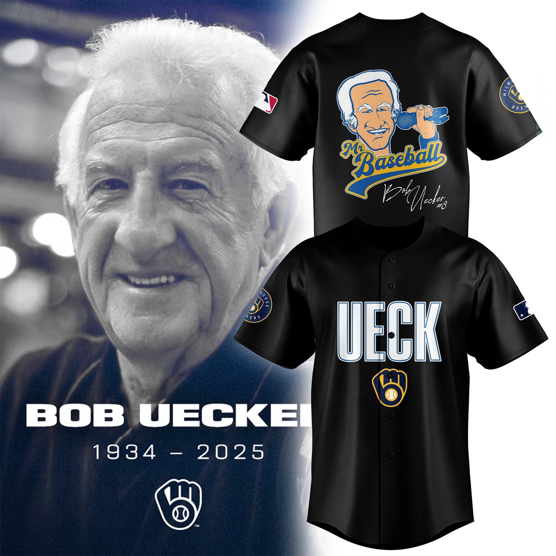 "Mr Baseball" Bob Uecker Baseball Tribute Baseball Milwaukee Brewers Jersey Black