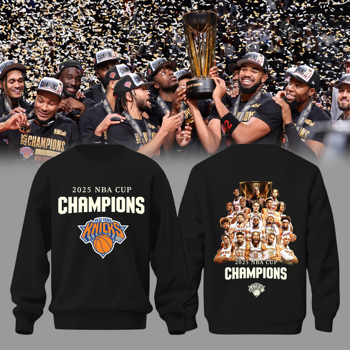 New York Knicks 2025 Emirates Cup Champions Sweatshirt All-Team - Black 2-Side - Design By Tyche Joy