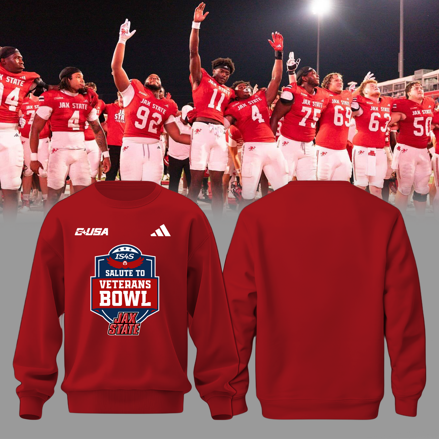 Jax State Football Sweatshirt Red - The Champ Veterans Bowl 2025 - Design By Tyche Joy
