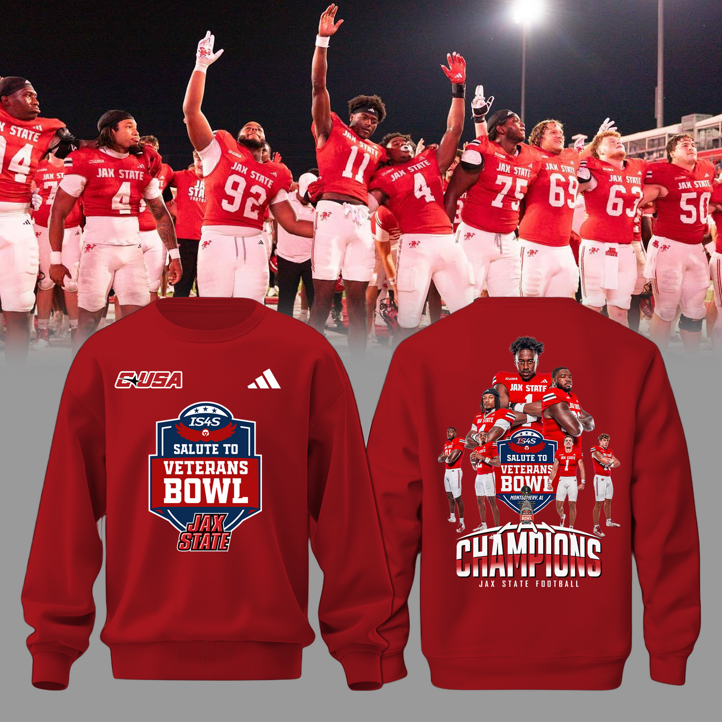 Jax State Football Sweatshirt Red - The Champ Veterans Bowl 2025 - 2-Side Printed - Design By Tyche Joy