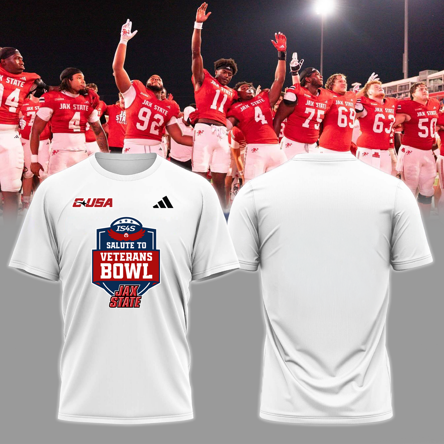Jax State Football White T-Shirt - The Champ Veterans Bowl 2025 - Design By Tyche Joy