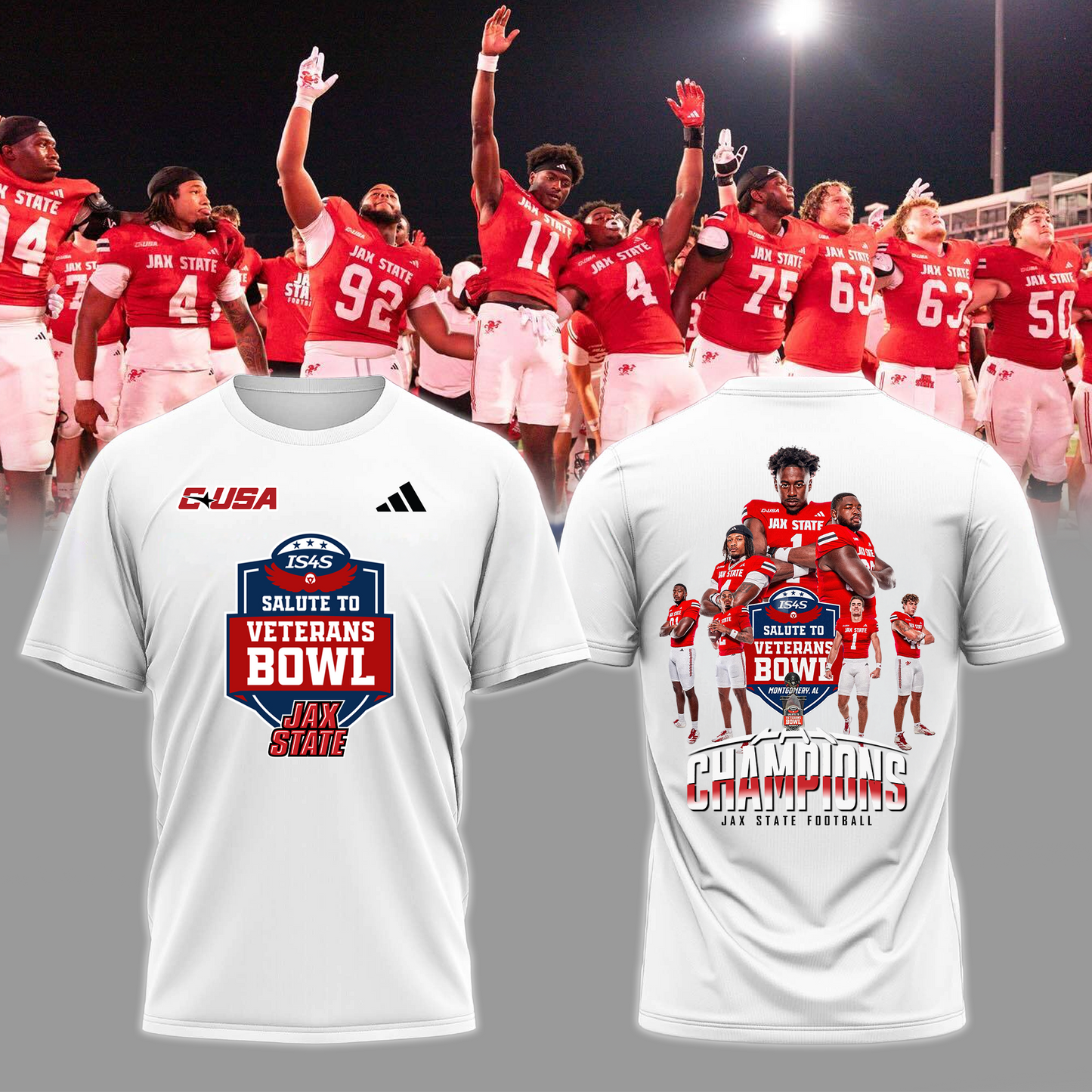 Jax State Football White T-Shirt - The Champ Veterans Bowl 2025 - 2-Side Printed - Design By Tyche Joy