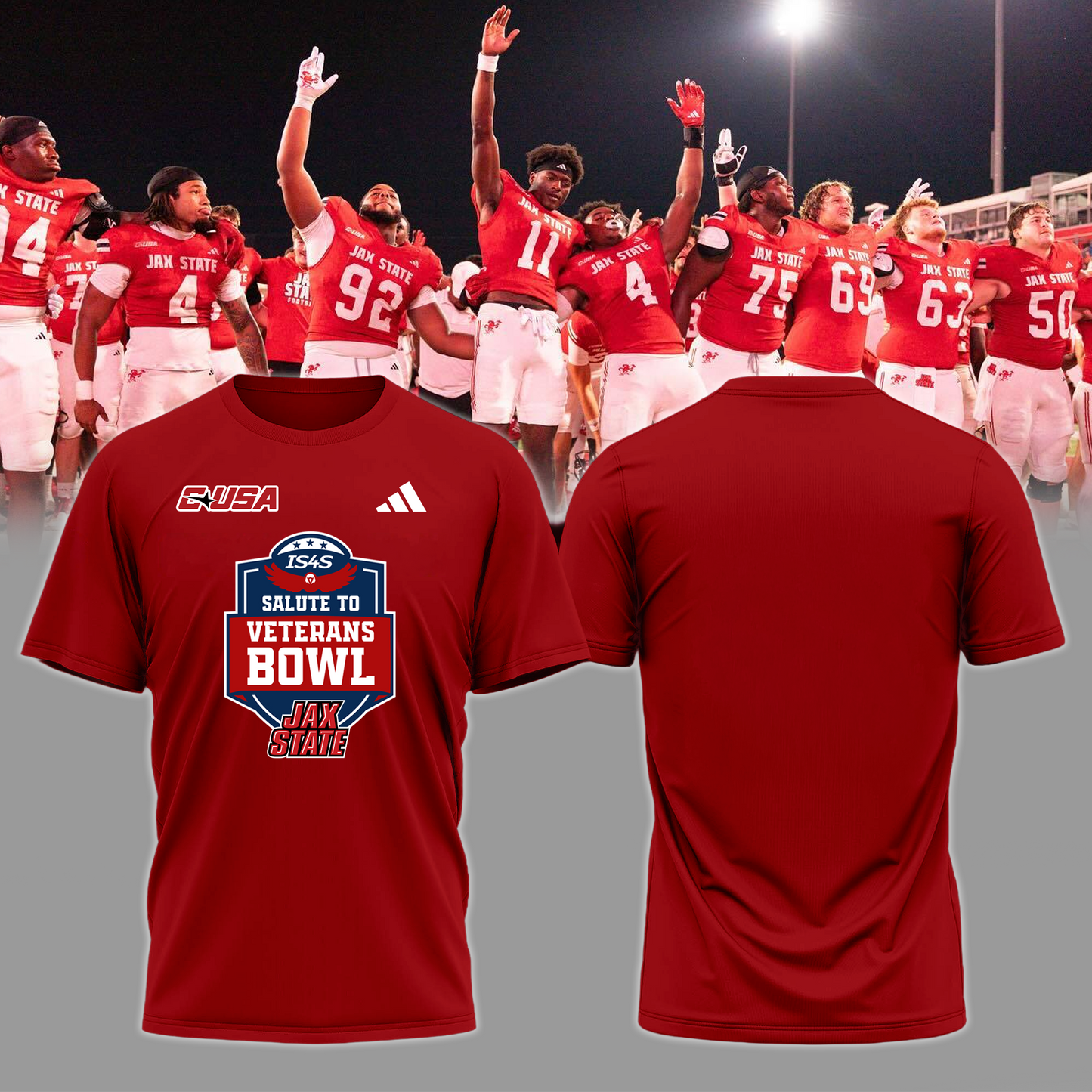 Jax State Football Red T-Shirt - The Champ Veterans Bowl 2025 - Design By Tyche Joy