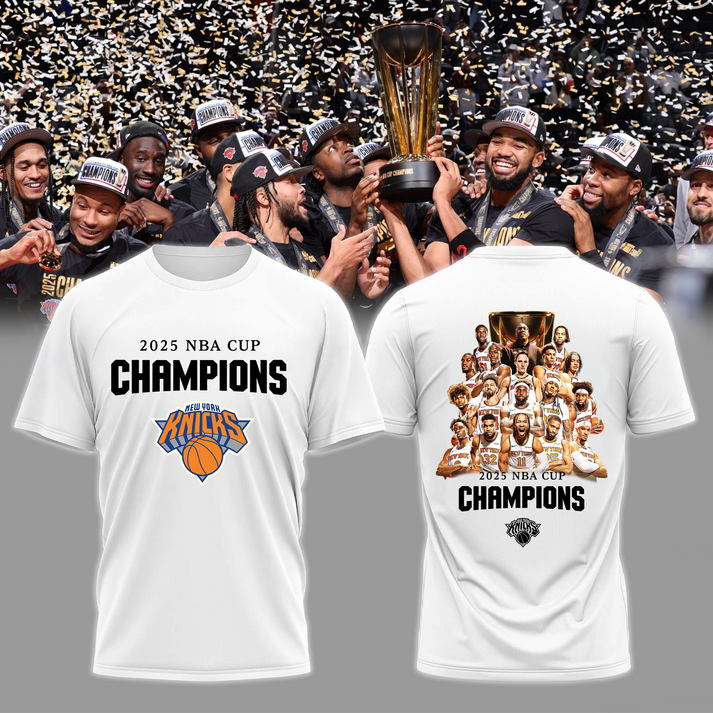 New York Knicks 2025 Emirates Cup Champions T-Shirt All-Team - White 2-Side - Design By Tyche Joy