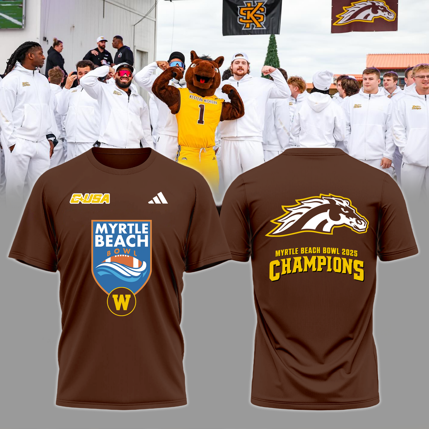 🏆MYRTLE BEACH BOWL CHAMPS! - Western Michigan Football T-Shirt Champions - Brown- All Cotton - Unisex