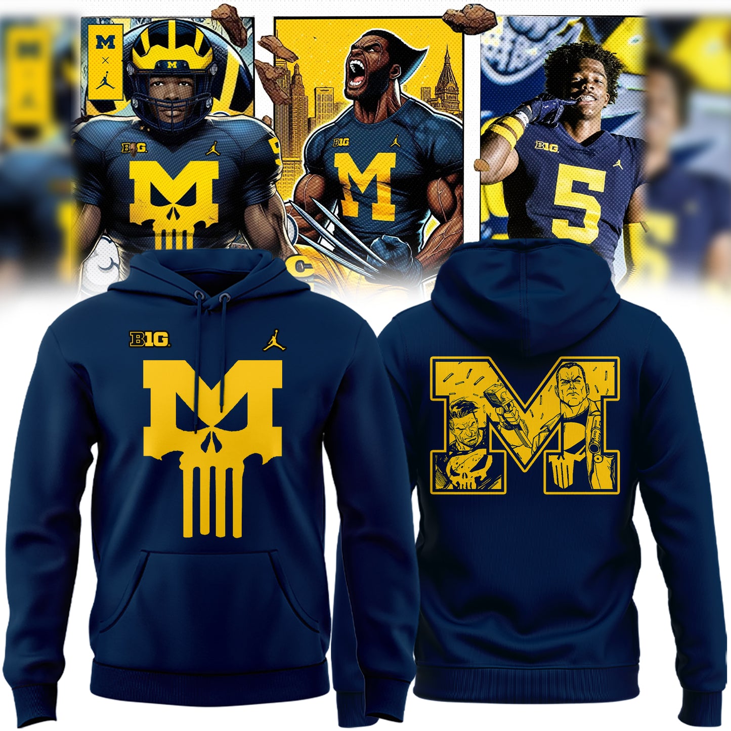 High-End Michigan Wolverines Merch - Special Punisher Michigan Wolverines Football Hoodie - Game Blue! Michigan Wolverines Fan Gear Collection