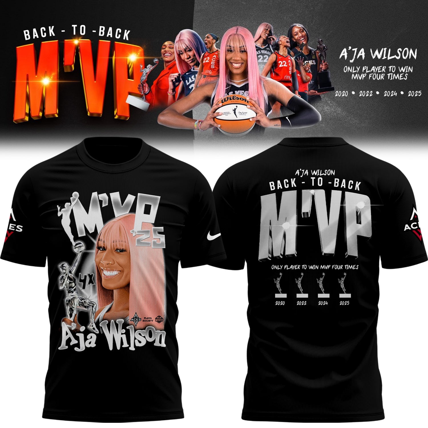 Unisex Las Vegas Aces A’ja Wilson Playa Society Black 2025 WNBA MVP T-Shirt