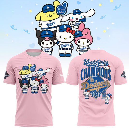 Hello Kitty x LA Dodgers 2025 World Series Champions T-Shirt - 100% Cotton 2D Printed - Unisex - Light Pink