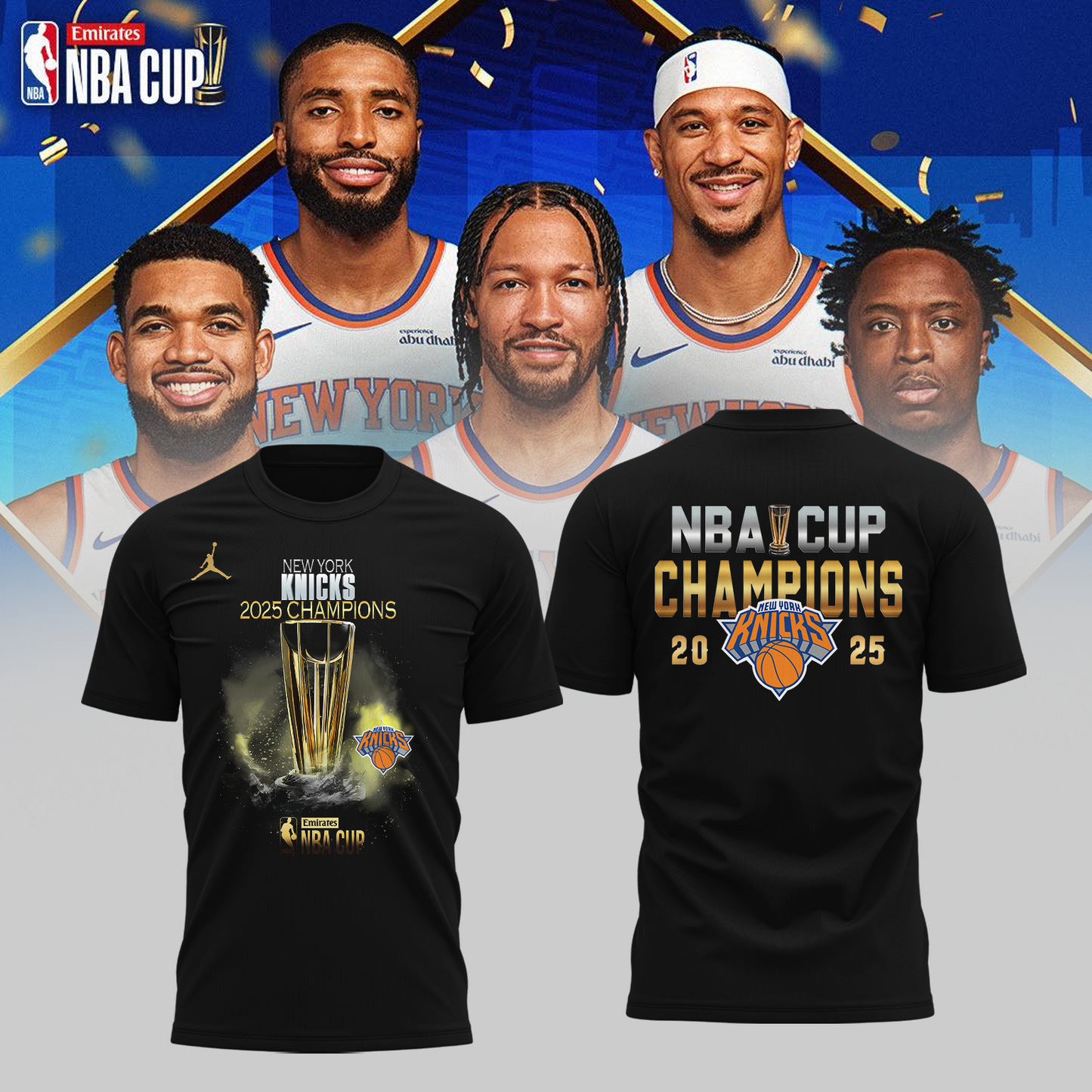 New York Knicks 2025 Emirates Cup Champions T-Shirt - Black 2-Side
