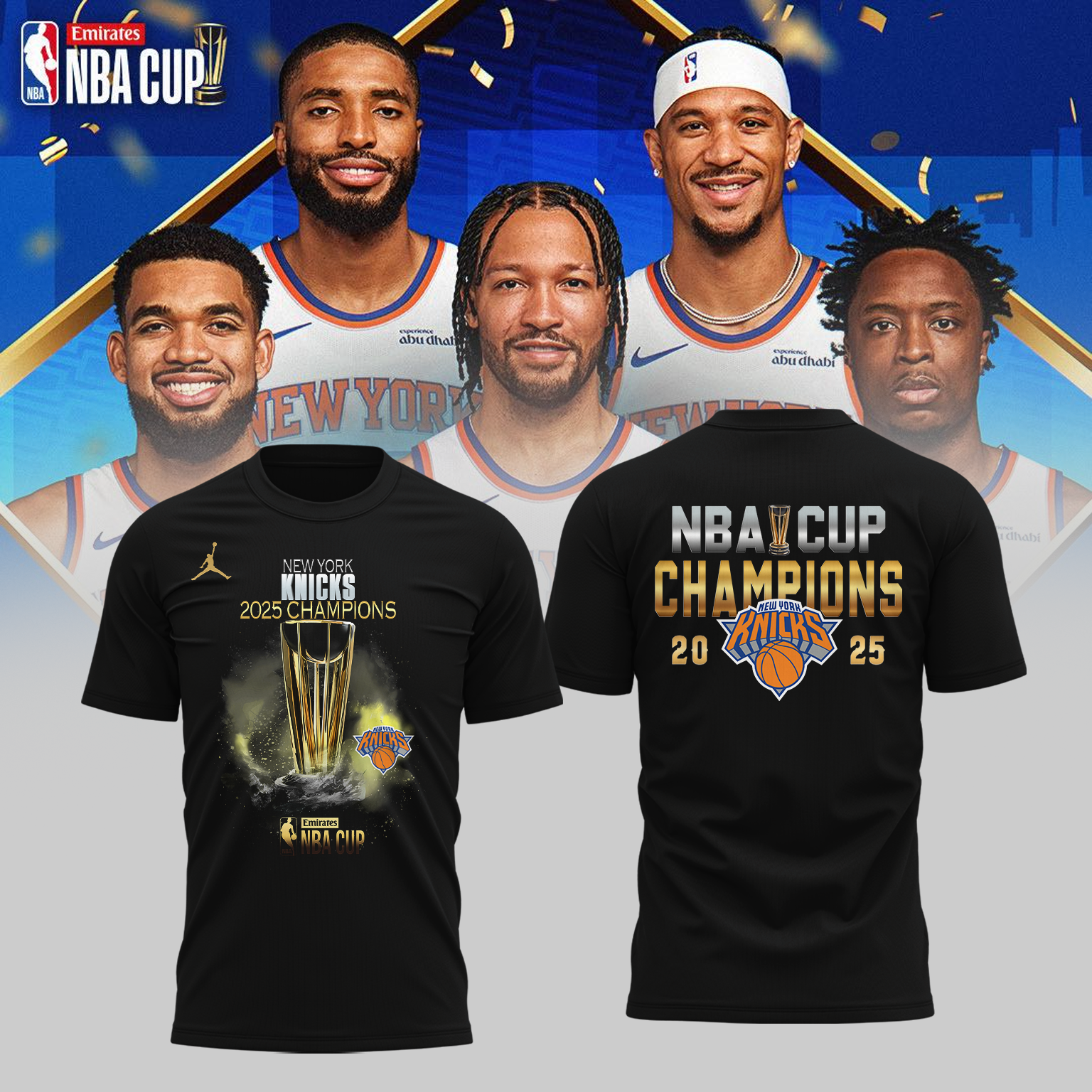 New York Knicks 2025 Emirates Cup Champions T-Shirt - Black 2-Side