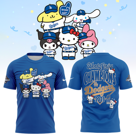 Hello Kitty x LA Dodgers 2025 World Series Champions T-Shirt - 100% Cotton 2D Printed - Unisex - Blue