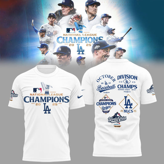 Los Angeles Dodgers NATIONAL LEAGUE CHAMPIONS 2025 2-Side White T-shirt