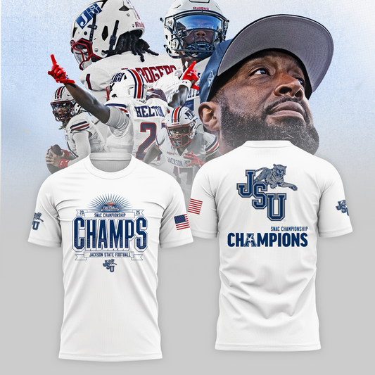 Jackson State Football CUSA Championship White T-Shirt - JSU Football Champions T-Shirt  - We are CUSA Champs - Tyche Joy Merch