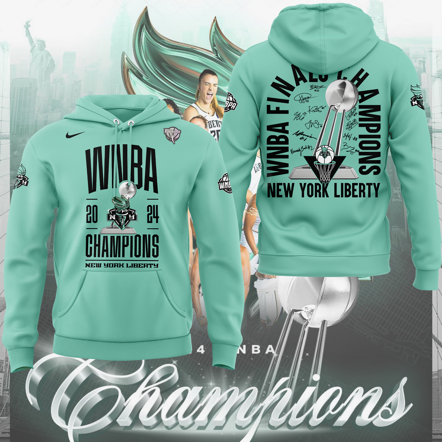 2024 WNBA Champions New York Liberty Hoodie - NY Liberty History Champions Special Turquoise Set