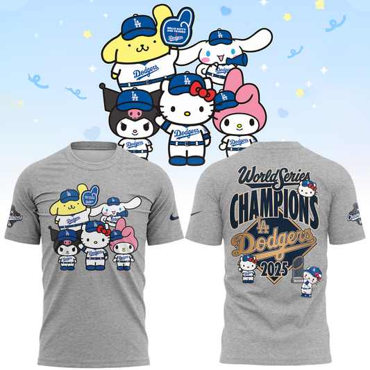 Hello Kitty x LA Dodgers 2025 World Series Champions T-Shirt - 100% Cotton 2D Printed - Unisex - Gray