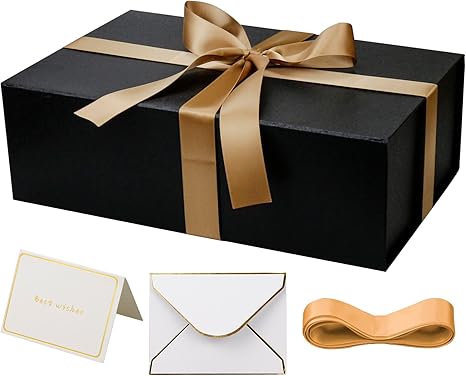 Large Gift Box with Lid,14"x9"x4.5" Magnetic Gift Box with Ribbon,Cards and Envelopes for Presents,Great for Wedding,Birthdays,Crafting,Gift Packaging (Black)