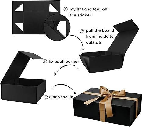 Large Gift Box with Lid,14"x9"x4.5" Magnetic Gift Box with Ribbon,Cards and Envelopes for Presents,Great for Wedding,Birthdays,Crafting,Gift Packaging (Black)