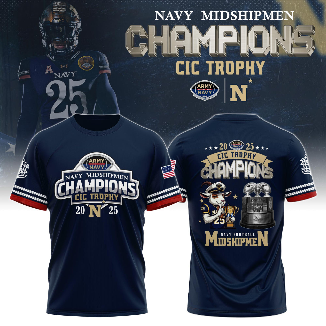 Navy Midshipmen – Back-to-Back CIC Trophy Champions 2025 Combo T-Shirt