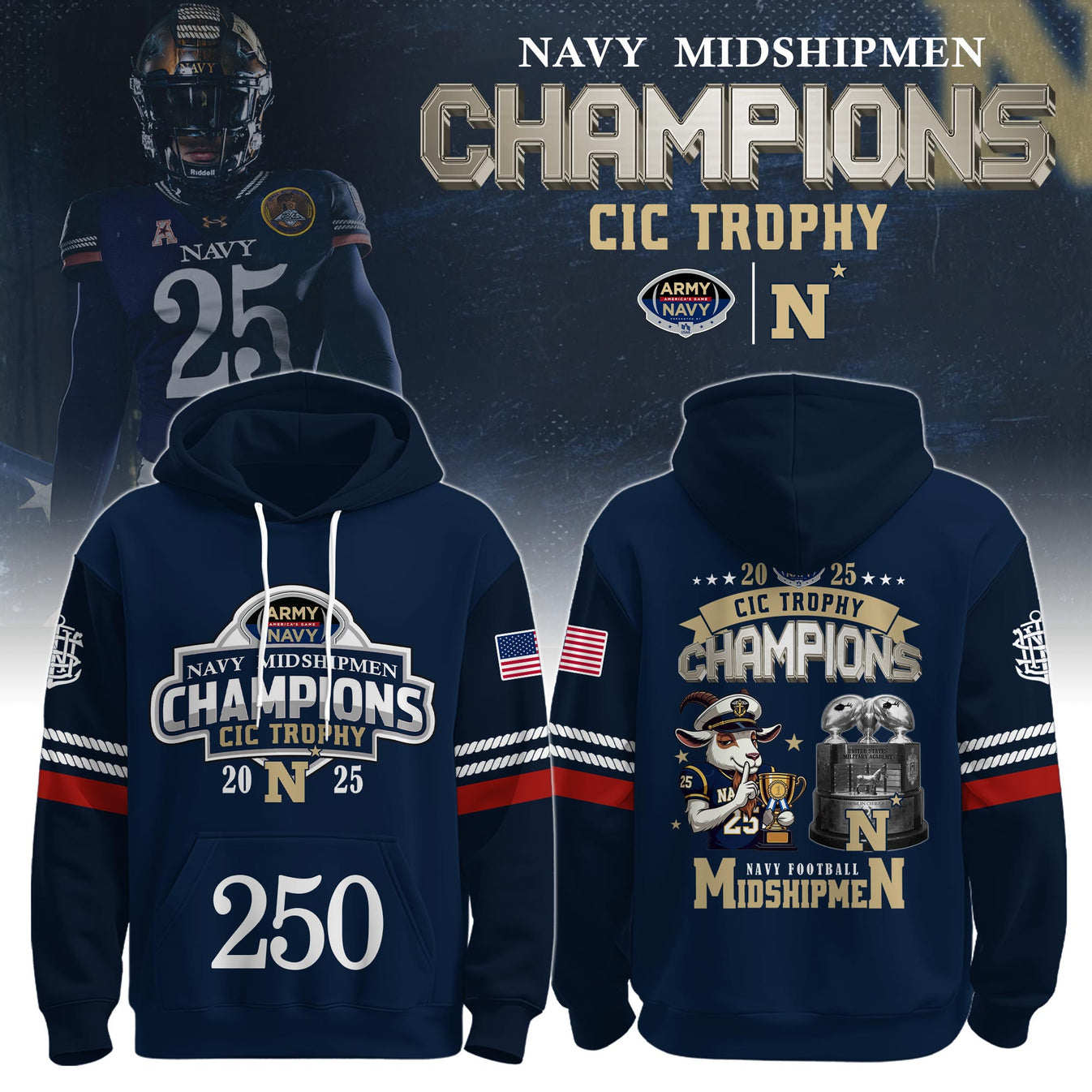 Navy Midshipmen – Back-to-Back CIC Trophy Champions 2025 Combo Hoodie