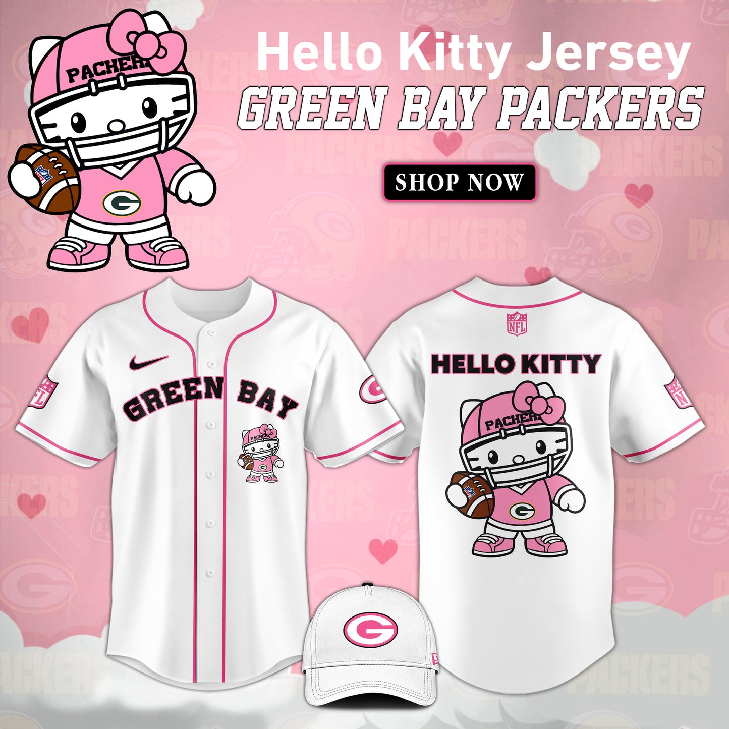 Premium Green Bay Packers Merch 2025 Version - Green Bay Packers X Kitty Pink Baseball Jersey Limited Edition - Gear Up For Game Day!