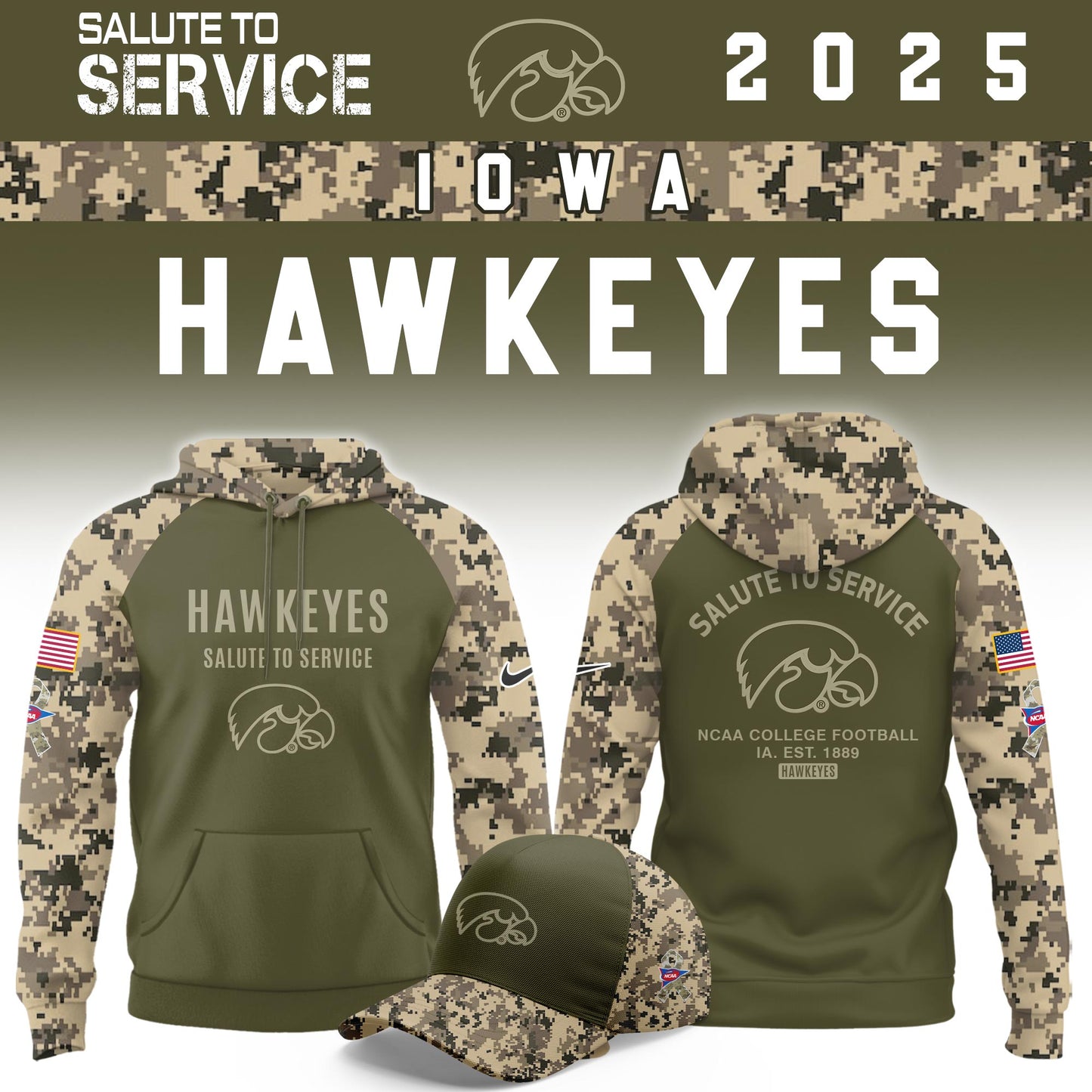 Iowa Hawkeyes Salute To Service Limited Hoodie and Cap 2025 Collection