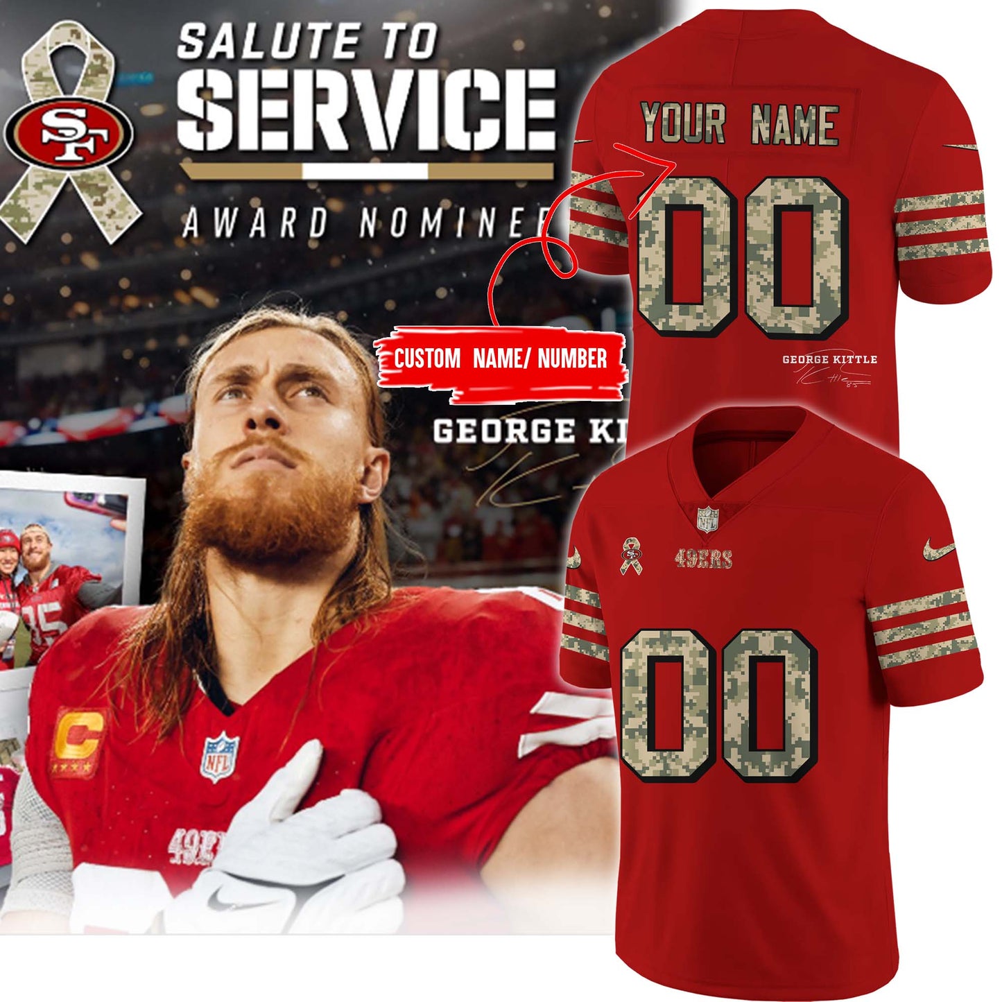 Premium San Francisco 49ers Gear - San Francisco 49ers 2024 Salute to Service featuring George Kittle's Signature Jersey (Custom) - Gear Up For Big Game - High-End SF 49ers Merch