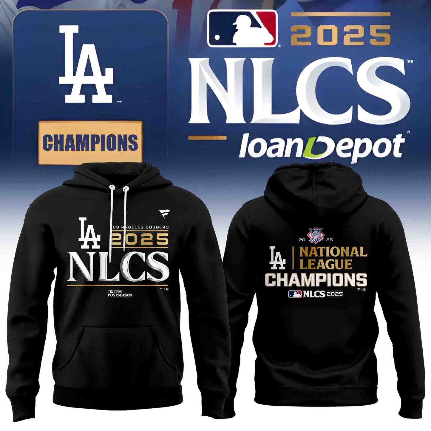 Los Angeles Dodgers 2025 National League Champions 2-Side Black Hoodie