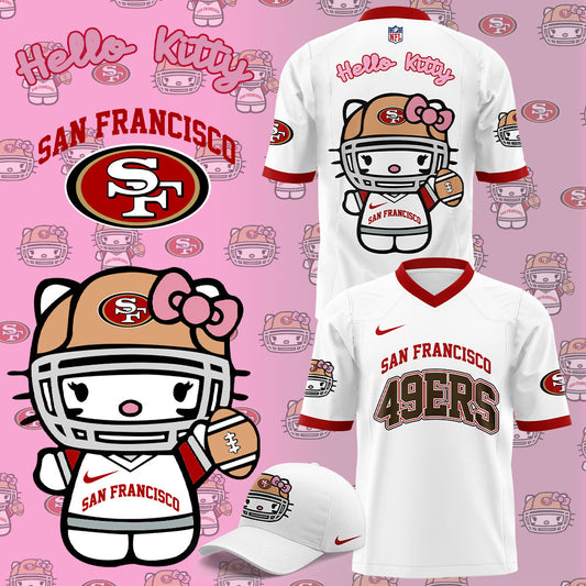 Premium San Francisco 49ers Gear - Limited Edition San Francisco 49ers x Hello Kitty Football Jersey+Pants+Cap Set - Gear Up For Big Game - High-End SF 49ers Merch