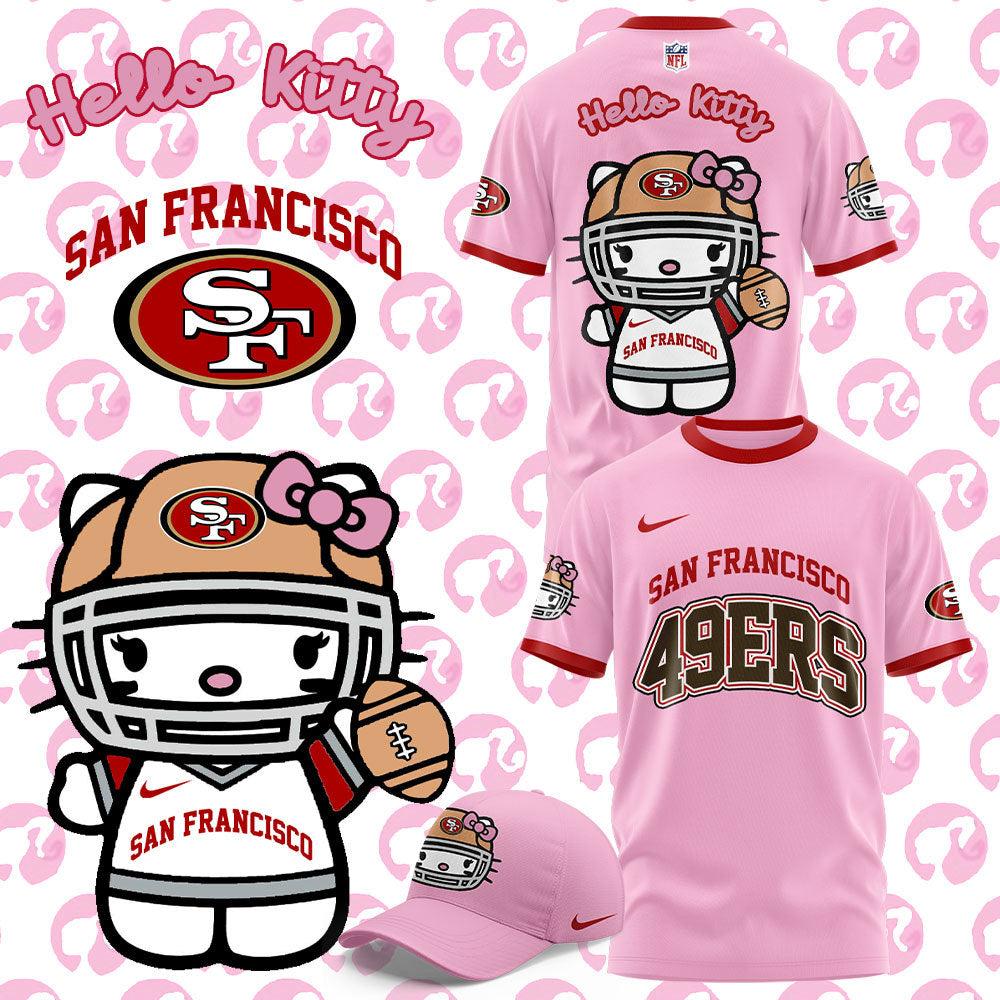 Premium San Francisco 49ers Gear - Limited Edition San Francisco 49ers x Hello Kitty T-Shirt+Pants+Cap Set - Gear Up For Big Game - High-End SF 49ers Merch