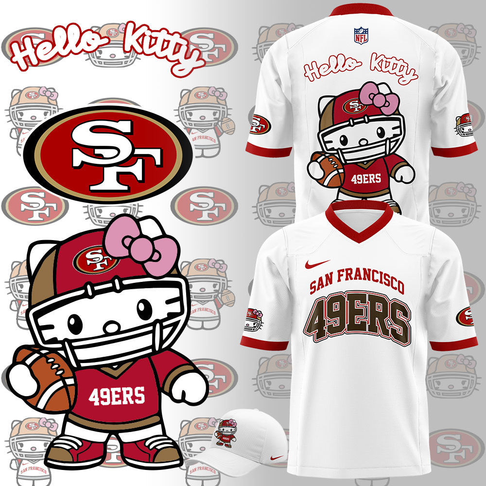 Premium San Francisco 49ers Gear - Limited Edition San Francisco 49ers x Hello Kitty Football White Jersey+Pants+Cap Set - Gear Up For Big Game - High-End SF 49ers Merch