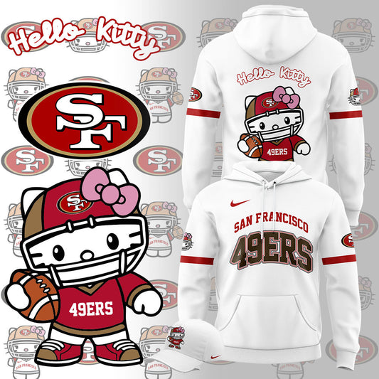 Premium San Francisco 49ers Gear - Limited Edition San Francisco 49ers x Hello Kitty White Hoodie+Pants+Cap Set - Gear Up For Big Game - High-End SF 49ers Merch