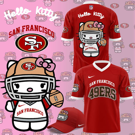 Premium San Francisco 49ers Gear - Limited Edition San Francisco 49ers x Hello Kitty Football Jersey+Pants+Cap Set - Gear Up For Big Game - High-End SF 49ers Merch