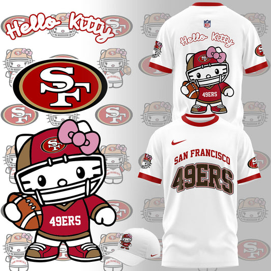 Premium San Francisco 49ers Gear - Limited Edition San Francisco 49ers x Hello Kitty White T-Shirt+Pants+Cap Set - Gear Up For Big Game - High-End SF 49ers Merch