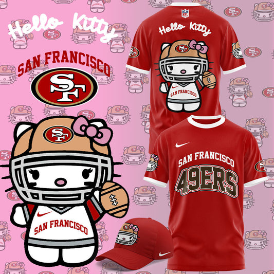 Premium San Francisco 49ers Gear - Limited Edition San Francisco 49ers x Hello Kitty T-Shirt+Pants+Cap Set - Gear Up For Big Game - High-End SF 49ers Merch