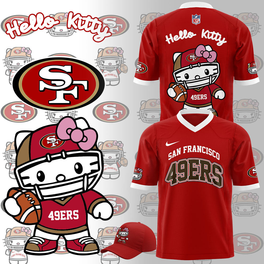 Premium San Francisco 49ers Gear - Limited Edition San Francisco 49ers x Hello Kitty Football Red Jersey+Pants+Cap Set - Gear Up For Big Game - High-End SF 49ers Merch