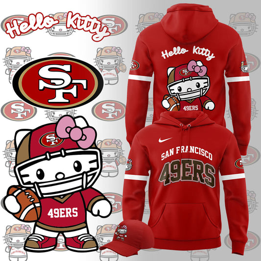 Premium San Francisco 49ers Gear - Limited Edition San Francisco 49ers x Hello Kitty Red Hoodie+Pants+Cap Set - Gear Up For Big Game - High-End SF 49ers Merch