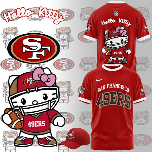 Premium San Francisco 49ers Gear - Limited Edition San Francisco 49ers x Hello Kitty Red T-Shirt+Pants+Cap Set - Gear Up For Big Game - High-End SF 49ers Merch