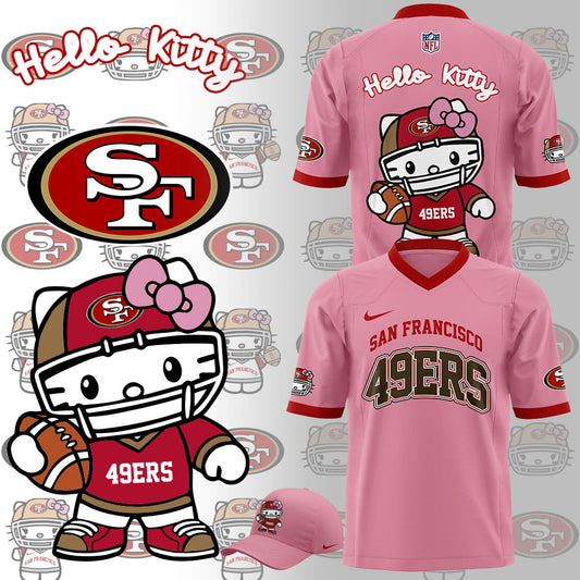 Premium San Francisco 49ers Gear - Limited Edition San Francisco 49ers x Hello Kitty Football Pink Jersey+Pants+Cap Set - Gear Up For Big Game - High-End SF 49ers Merch