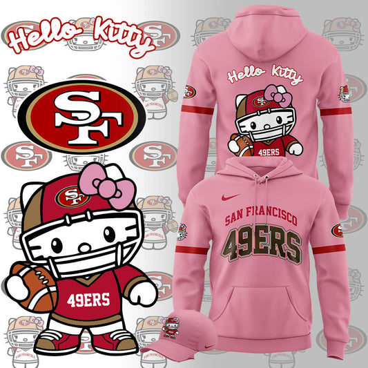 Premium San Francisco 49ers Gear - Limited Edition San Francisco 49ers x Hello Kitty Pink Hoodie+Pants+Cap Set - Gear Up For Big Game - High-End SF 49ers Merch