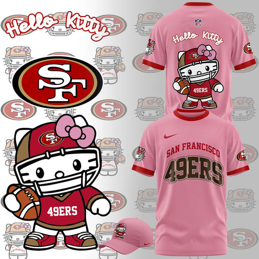 Premium San Francisco 49ers Gear - Limited Edition San Francisco 49ers x Hello Kitty Pink T-Shirt+Pants+Cap Set - Gear Up For Big Game - High-End SF 49ers Merch