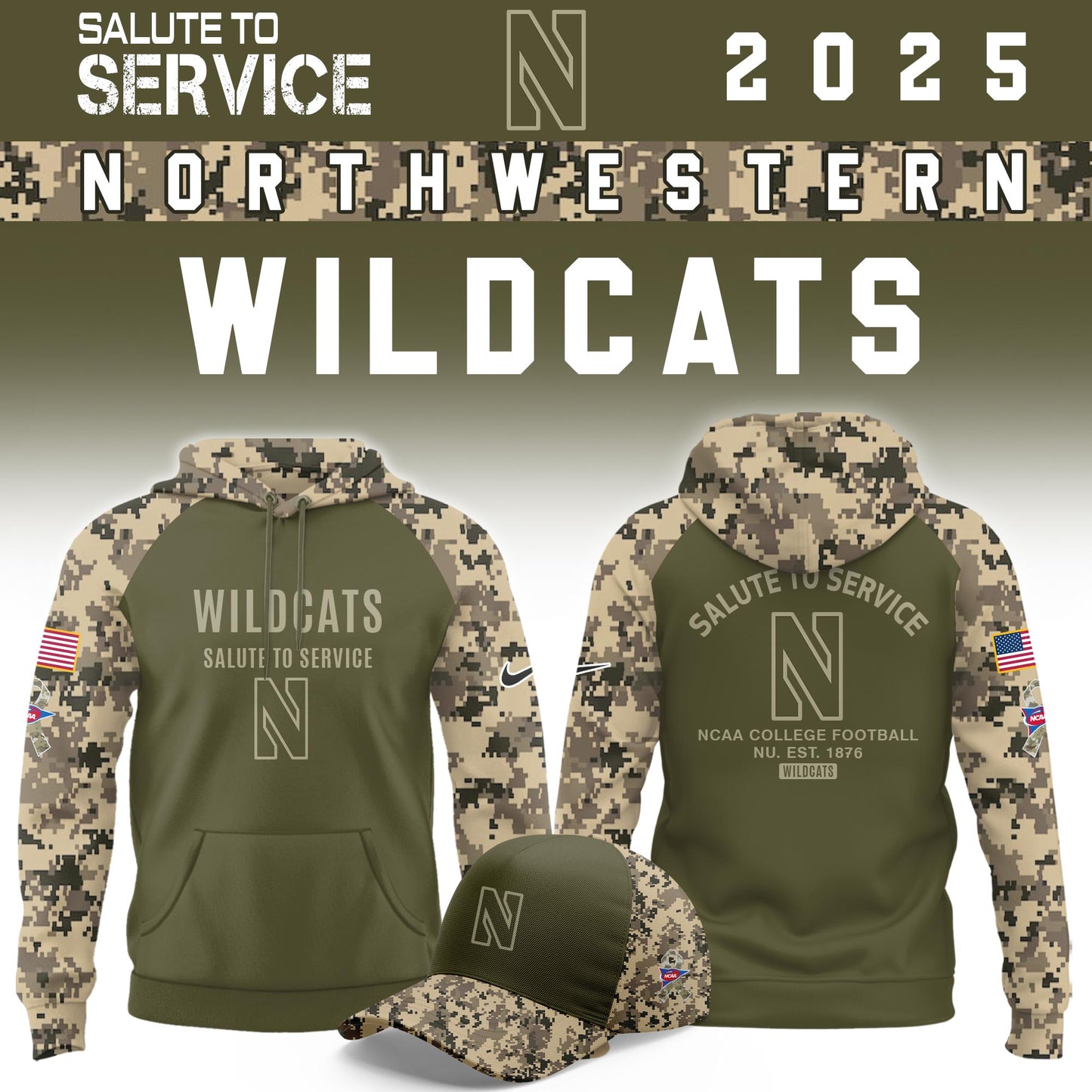 Northwestern Wildcats Salute To Service Limited Hoodie and Cap 2025 Collection